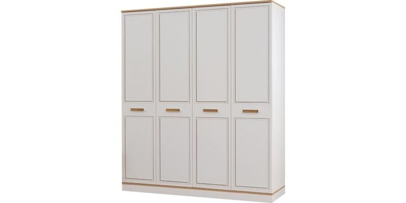 Chambre d'enfant complète "Rixos" blanche et beige avec lits superposés et armoire à trois portes.