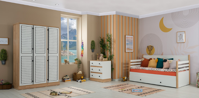 Komplettes Kinderzimmer „Rustik“ mit Einzelschlafcouch und zweitem Ausziehbett in Weiß und hellem Holz.