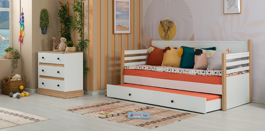 Cameretta completa  per bambini "Rustik" con letto singolo a divano e secondo letto estraibile  colore bianca e legno chiaro.