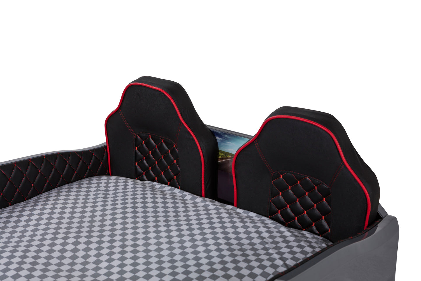 Letto singolo a forma di auto sportiva colore rosso F1, materasso incluso.