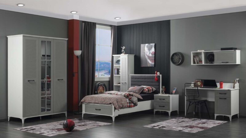 Chambre d'enfant complète "Silvia" de style campagnard moderne en blanc et gris avec armoire à trois portes.