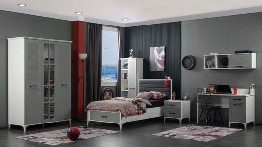 Cameretta completa  per ragazzi "Silvia" stile modern country colore bianco e grigio con armadio tre ante.