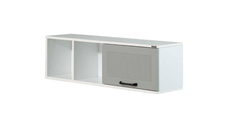 Chambre d'enfant complète "Silvia" de style campagnard moderne en blanc et gris avec lits superposés compacts.