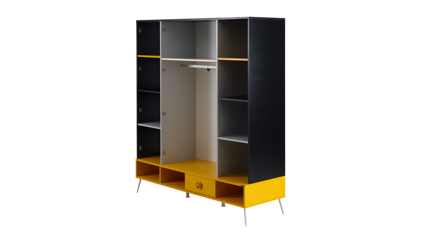 Chambre d'enfant complète "Skate" de style extravagant et amusant en noir, jaune et gris avec armoire 4 portes.