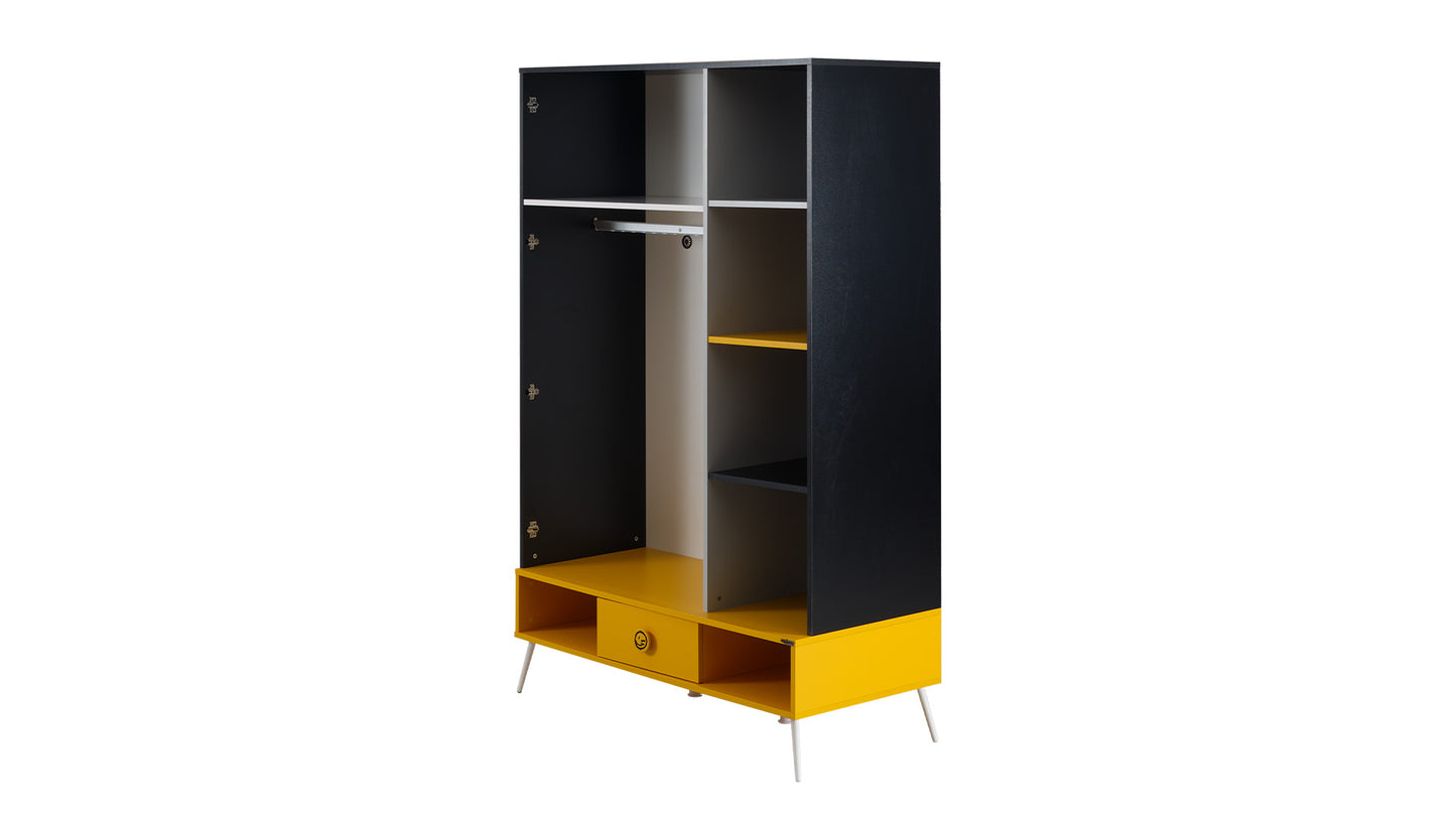 Chambre d'enfant complète "Skate" de style extravagant et amusant en noir, jaune et gris avec armoire 3 portes.