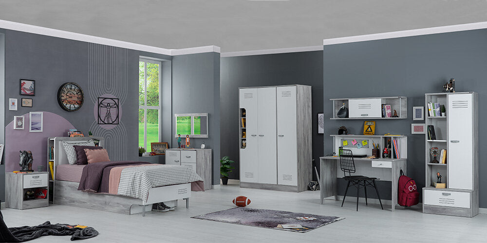 Chambre d'enfant complète "Smart", style moderne en effet bois blanc et gris avec armoire à trois portes.