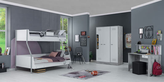 Chambre d'enfant "Smart" complète avec lit superposé blanc et gris et armoire à trois portes.