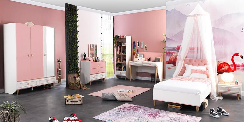 Cameretta completa  per ragazza "Story" con letto singolo colore bianco e rosa.