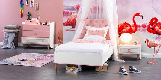 Cameretta completa  per ragazza "Story" con letto singolo colore bianco e rosa.