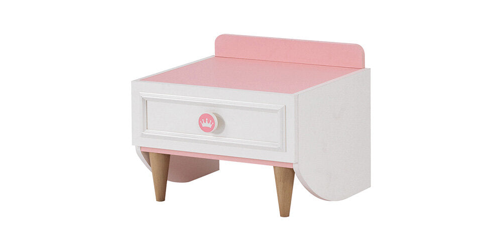 Chambre classique complète pour fille "Oyku" en blanc, rose et bois clair avec armoire à trois portes.