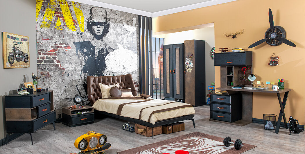 Chambre d'enfant complète "Tolède" de style élégant et fonctionnel en gris anthracite et bois.